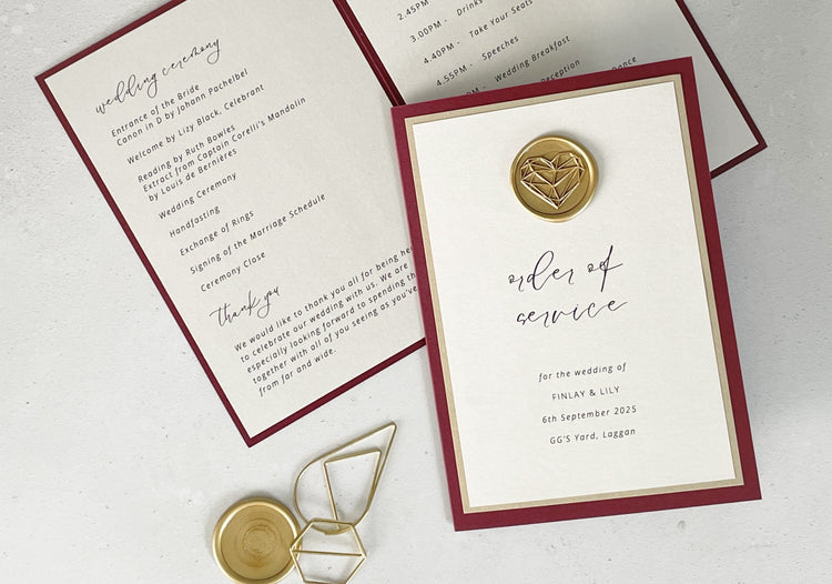handmade wax seal order of service booklet red and gold