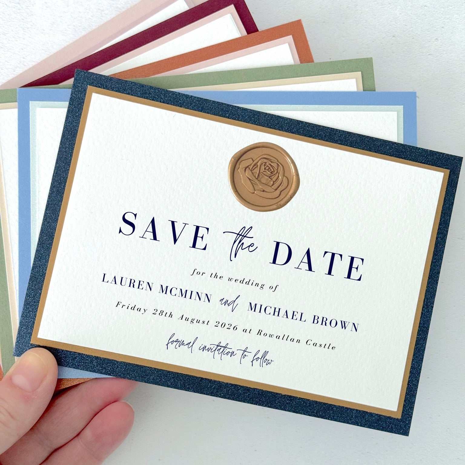 ailsa navy and gold wax seal save the date card rowallan castle