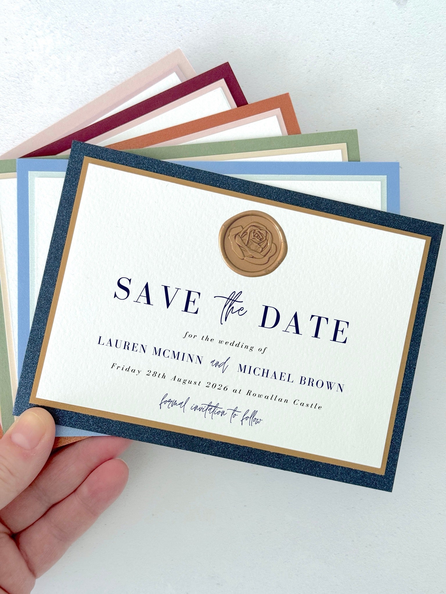 ailsa navy and gold wax seal save the date card rowallan castle