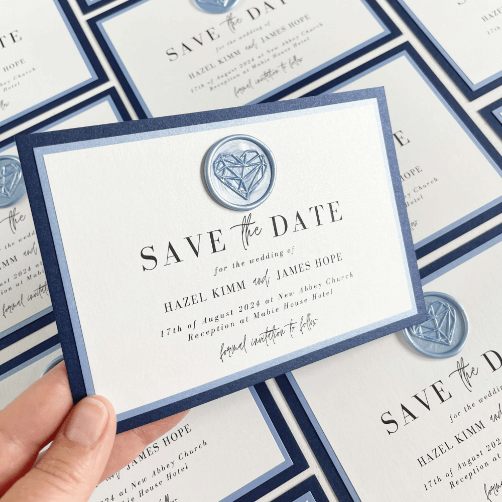 AILSA save the date card navy and dusty blue wax seals
