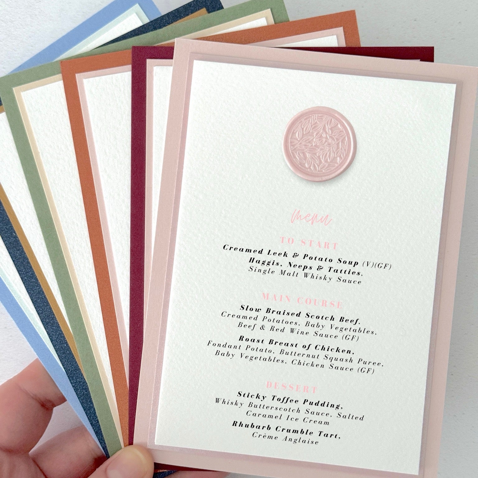 Ailsa wax seal menu on the day stationery handmade by zara