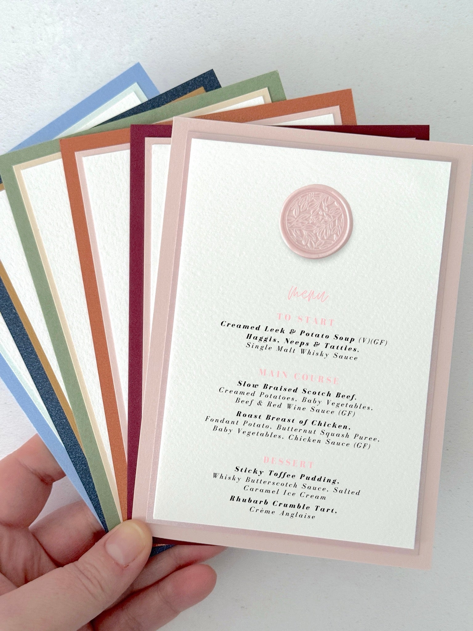 Ailsa wax seal menu on the day stationery handmade by zara
