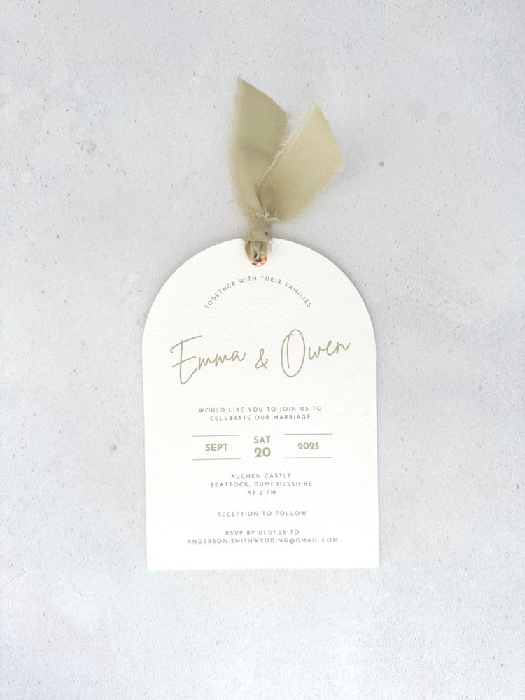 Emma wedding invite with sage green ribbon and metal eyelet Auchen Castle