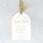 Emma wedding invite with sage green ribbon and metal eyelet Auchen Castle