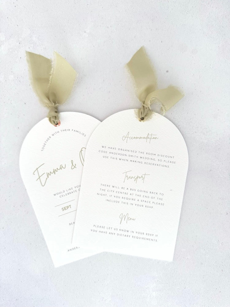 Emma arched wedding invite with sage green silk ribbon with double sided info card for menu