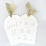 Emma arched wedding invite with sage green silk ribbon with double sided info card for menu