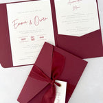 burgundy emma pocketfold wedding invite with 2 inserts for details like menu and accommodation, with silk ribbon and guest name tag
