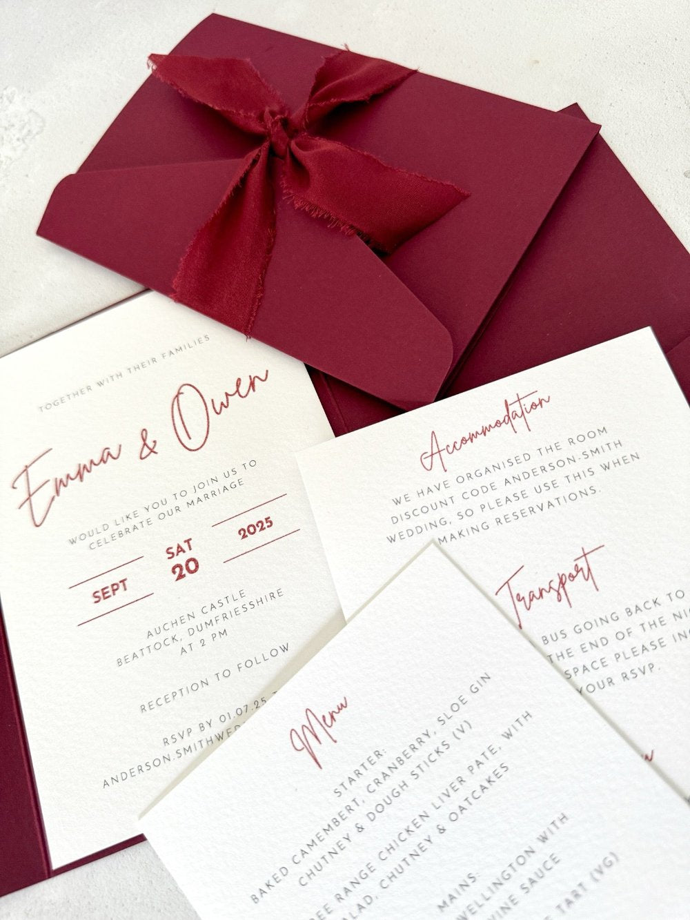 Emma pocketfold invite burgundy silk ribbon handmade by zara