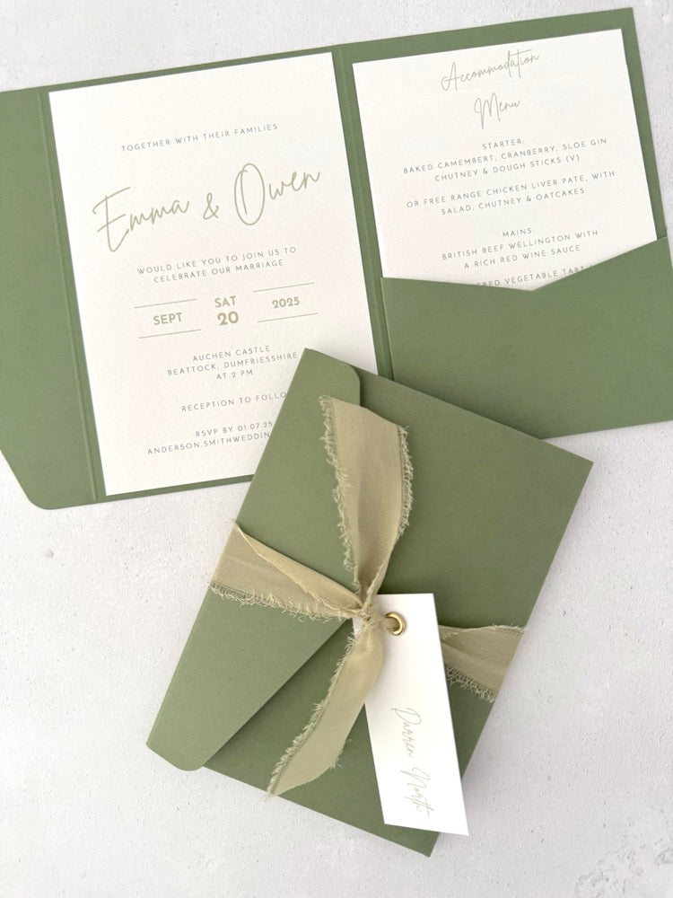 sage green emma pocketfold wedding invite with 2 inserts for menu and accommodation details, with silk ribbon and guest name tag Auchen Castle