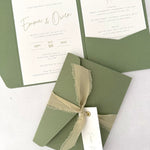 sage green emma pocketfold wedding invite with 2 inserts for menu and accommodation details, with silk ribbon and guest name tag Auchen Castle