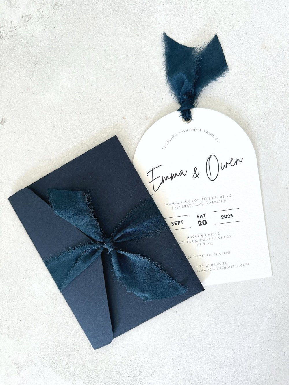 Emma sample wedding invites navy silk ribbon handmade by zara dumfries scotland