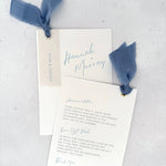 Cornflower blue double sided invite with details card for wedding accommodation and gift wish info