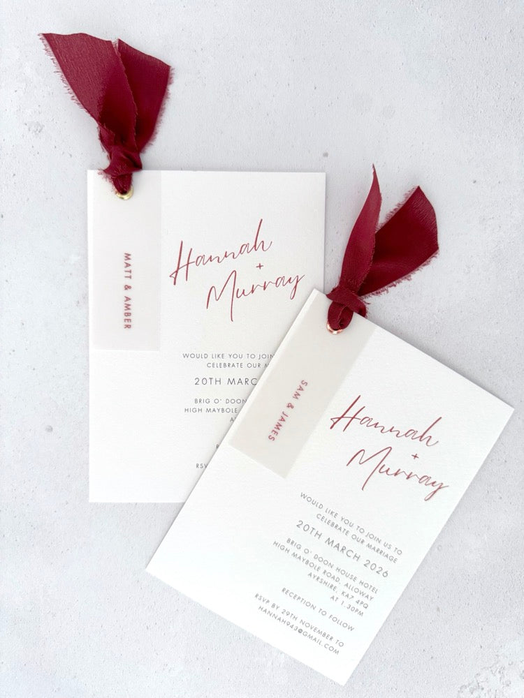 Burgundy silk ribbon Hannah handmade wedding invite with printed guest names on vellum tags