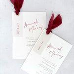 Burgundy silk ribbon Hannah handmade wedding invite with printed guest names on vellum tags
