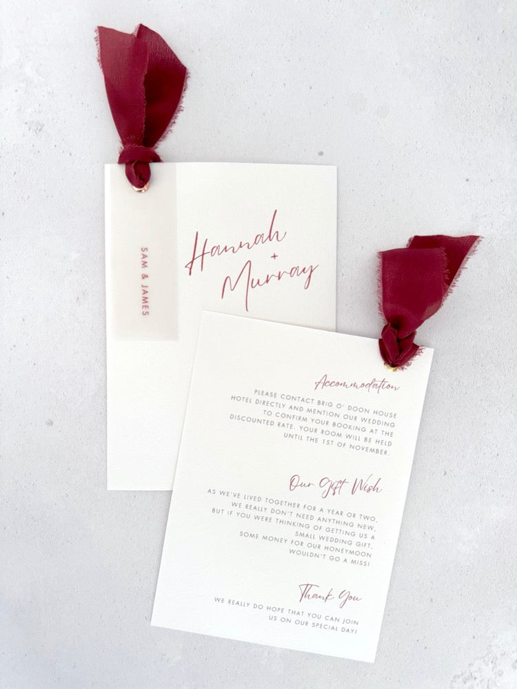 Burgundy double sided invite with details card for wedding accommodation and gift wish info