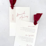 Burgundy double sided invite with details card for wedding accommodation and gift wish info