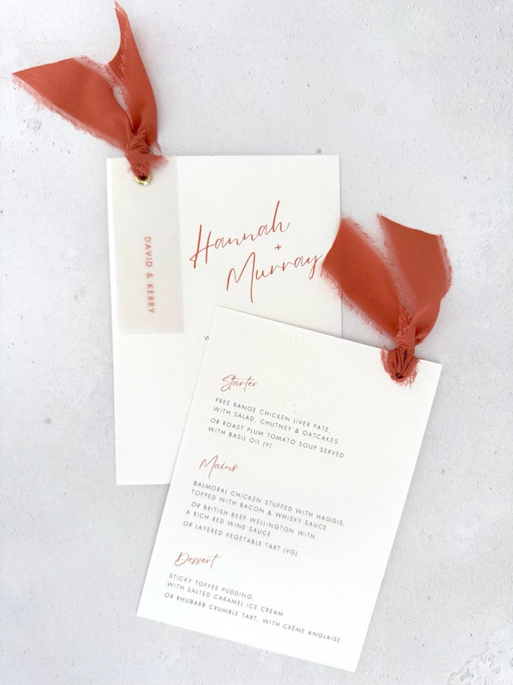 Burnt orange double sided invite with details card for wedding accommodation and gift wish info