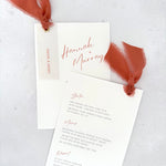 Burnt orange double sided invite with details card for wedding accommodation and gift wish info