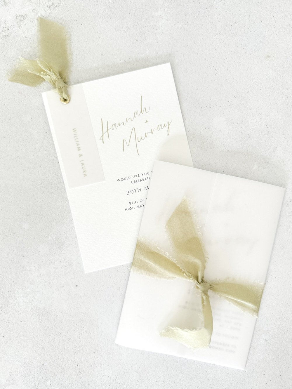 Hannah sample wedding invite vellum wrap jacket silk ribbon sage green