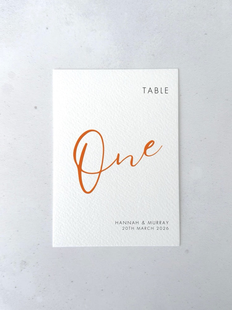Terracotta orange Hannah personalised table number for on the day wedding day stationery