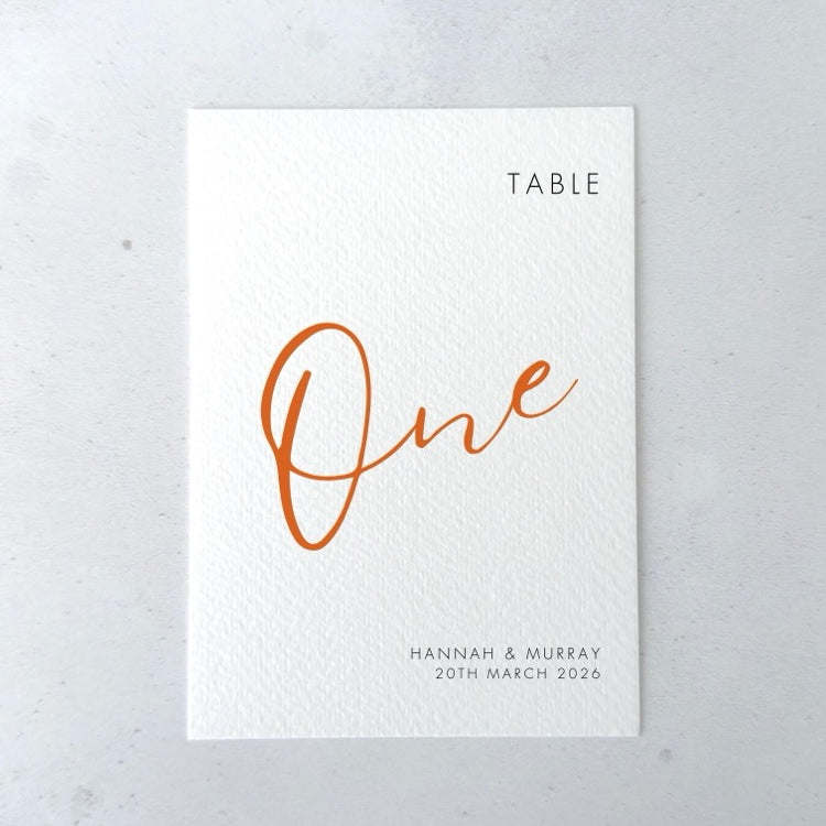 Terracotta orange Hannah personalised table number for on the day wedding day stationery