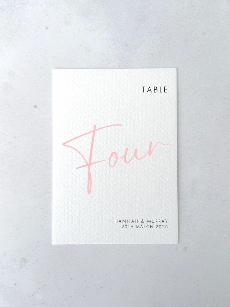 Blush Pink Hannah personalised table number for on the day wedding day stationery