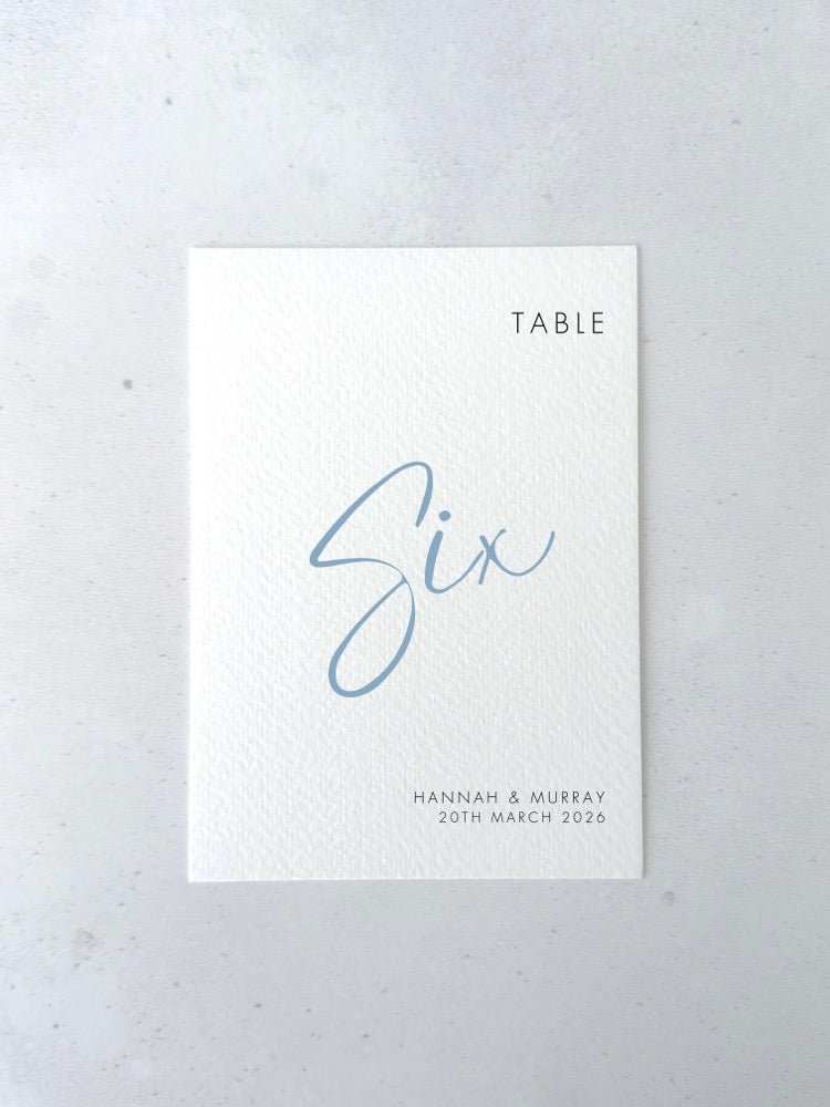 Dusky cornflower blue Hannah personalised table number for on the day wedding day stationery