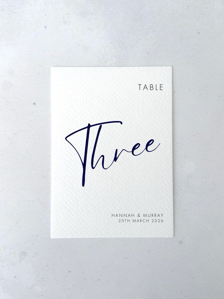Navy Blue Hannah personalised table number for on the day wedding day stationery