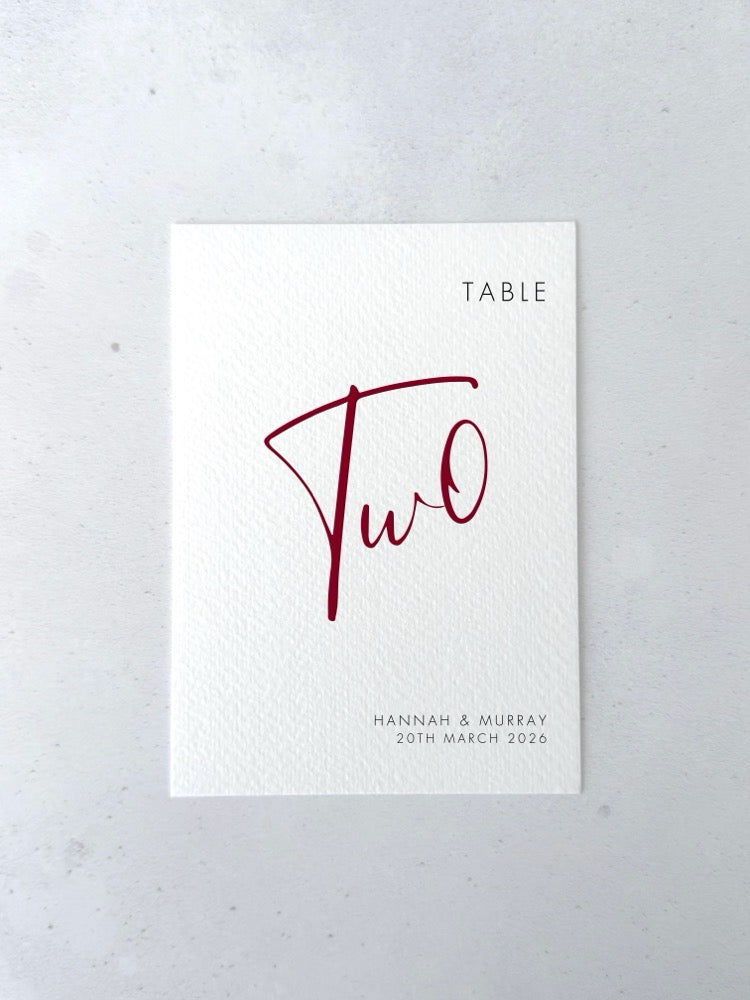 Burgundy red Hannah personalised table number for on the day wedding day stationery