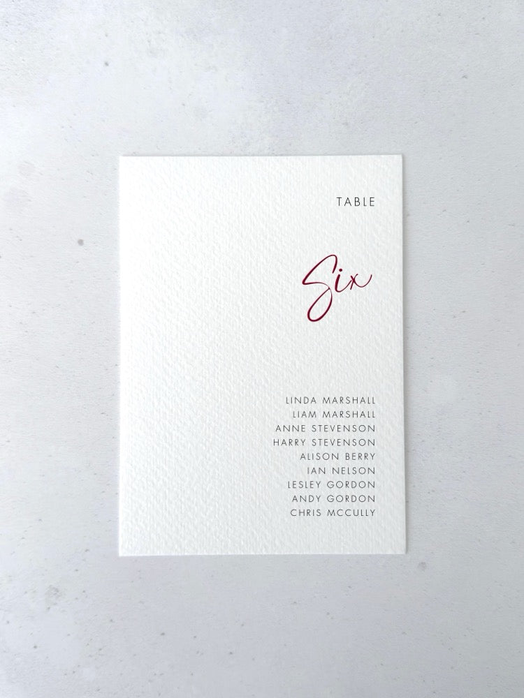 Burgundy Hannah table plan card for seating chart on the day wedding stationery