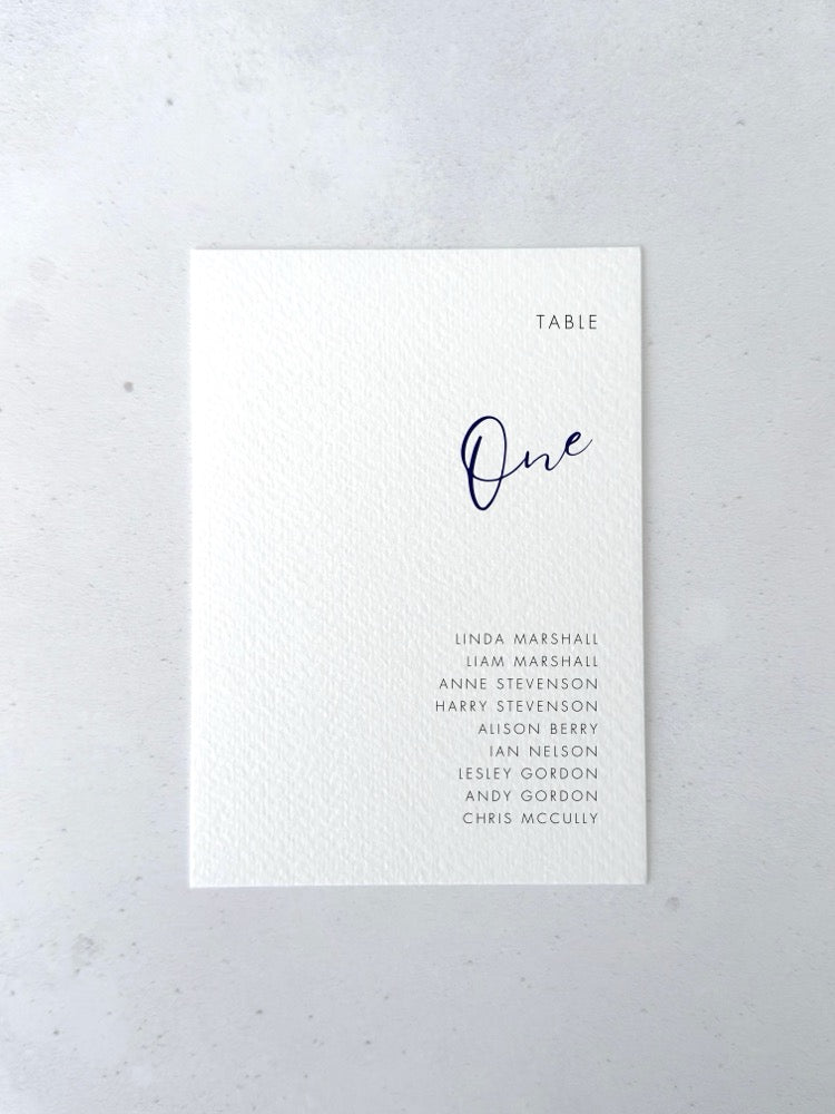 Navy Blue Hannah individual table plan card for seating chart on the day wedding stationery