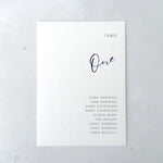 Navy Blue Hannah individual table plan card for seating chart on the day wedding stationery