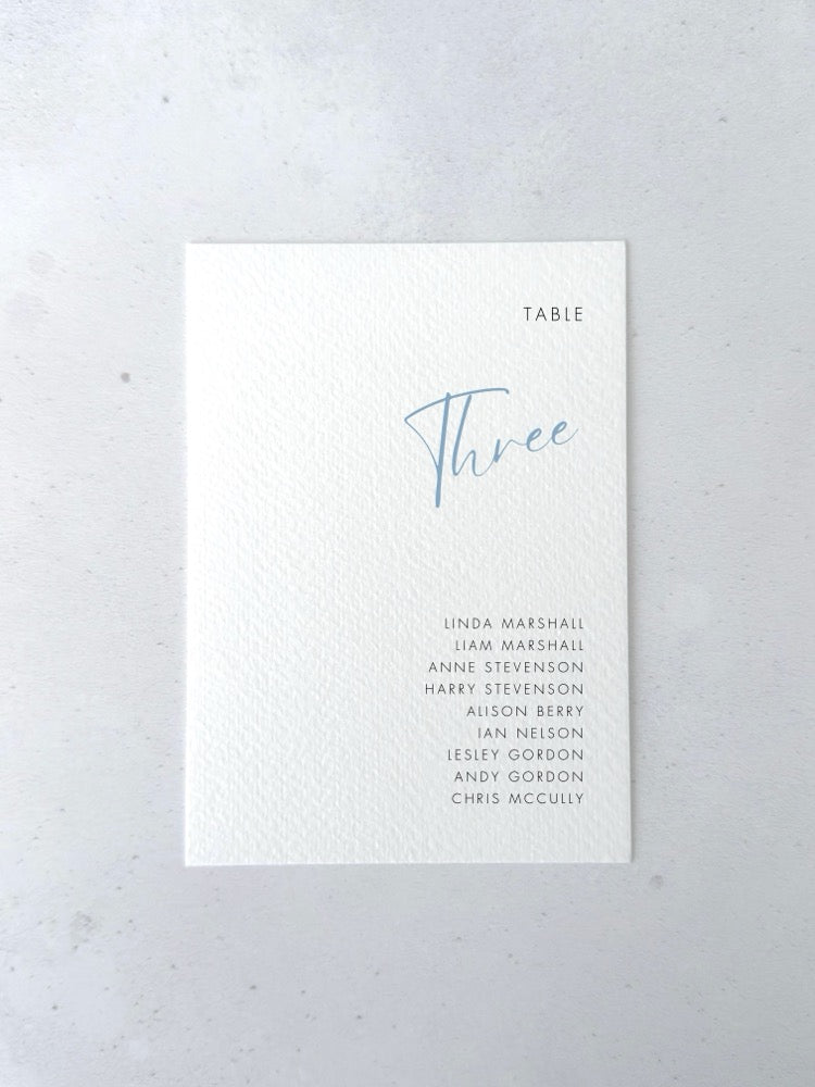 Dusty cornflower blue Hannah table plan card for seating chart on the day wedding stationery