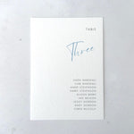 Dusty cornflower blue Hannah table plan card for seating chart on the day wedding stationery