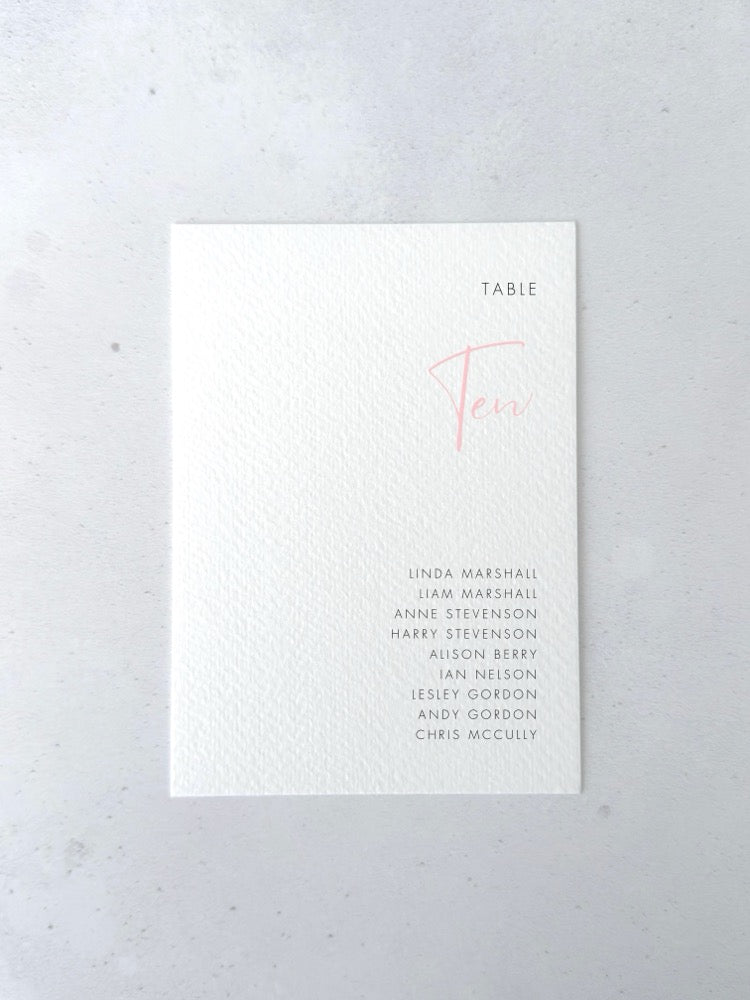 Blush Pink Hannah individual table plan card for seating chart on the day wedding stationery