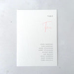 Blush Pink Hannah individual table plan card for seating chart on the day wedding stationery