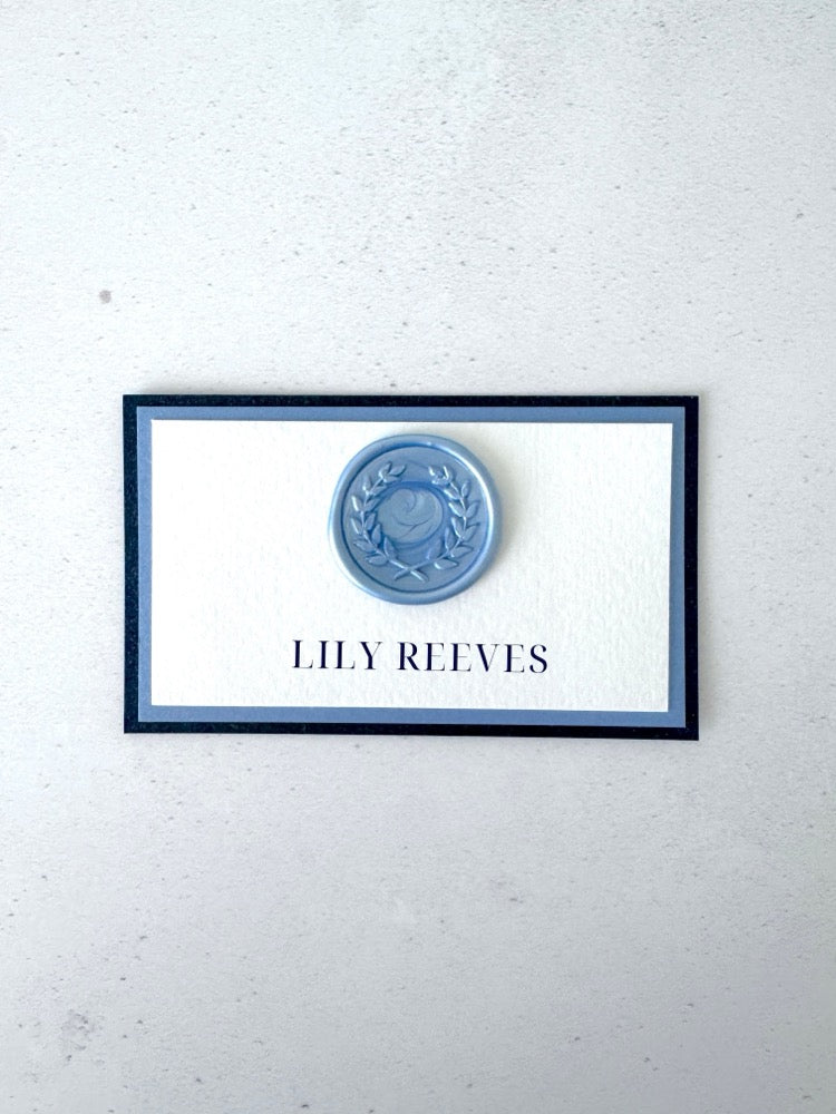 Jeni semi custom personalised wax seal place card in navy and cornflower blue