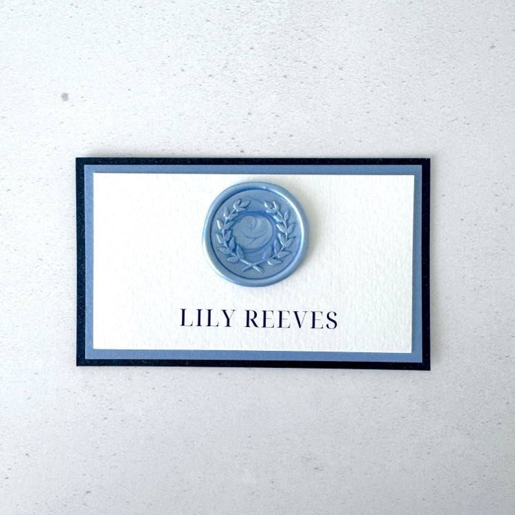 Jeni semi custom personalised wax seal place card in navy and cornflower blue
