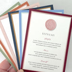 Burgundy postcard menu wedding day stationery pink wax seal