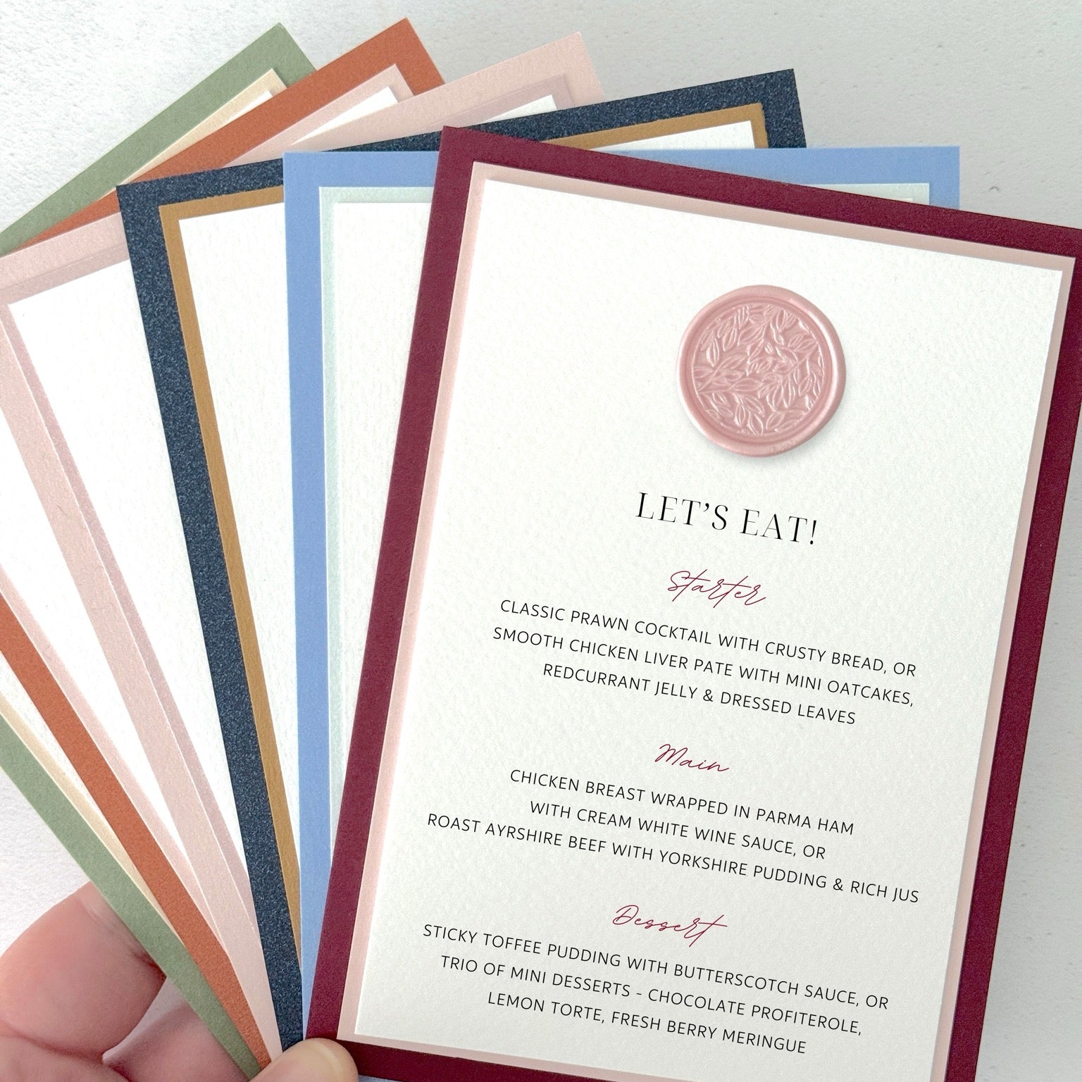 Burgundy postcard menu wedding day stationery pink wax seal