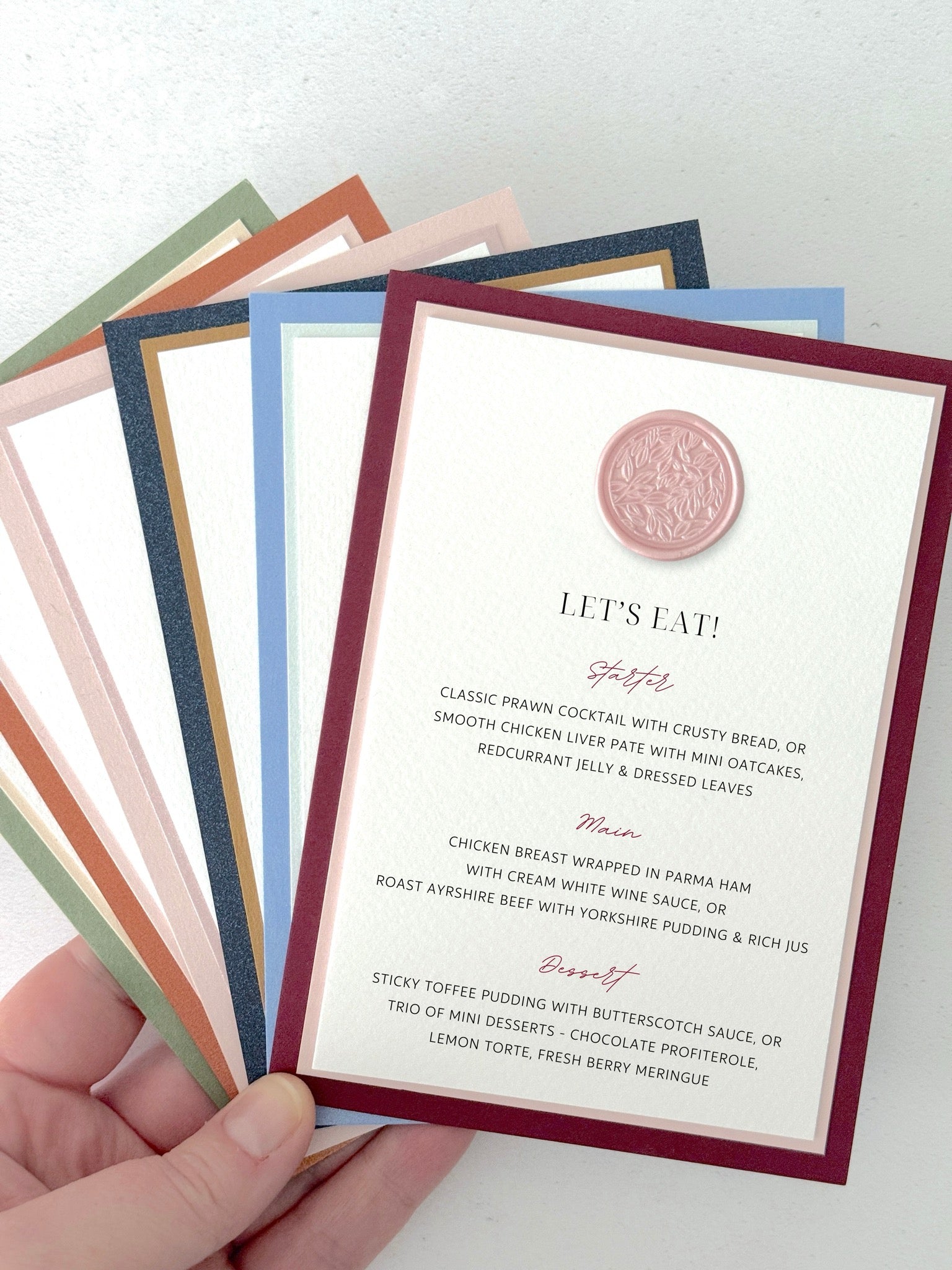 Burgundy postcard menu wedding day stationery pink wax seal