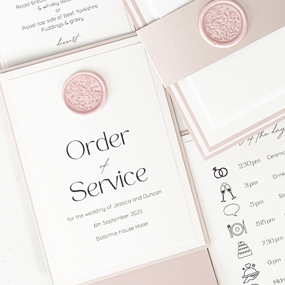 Order of service booklet handmade wedding stationery dusty pink wax seal
