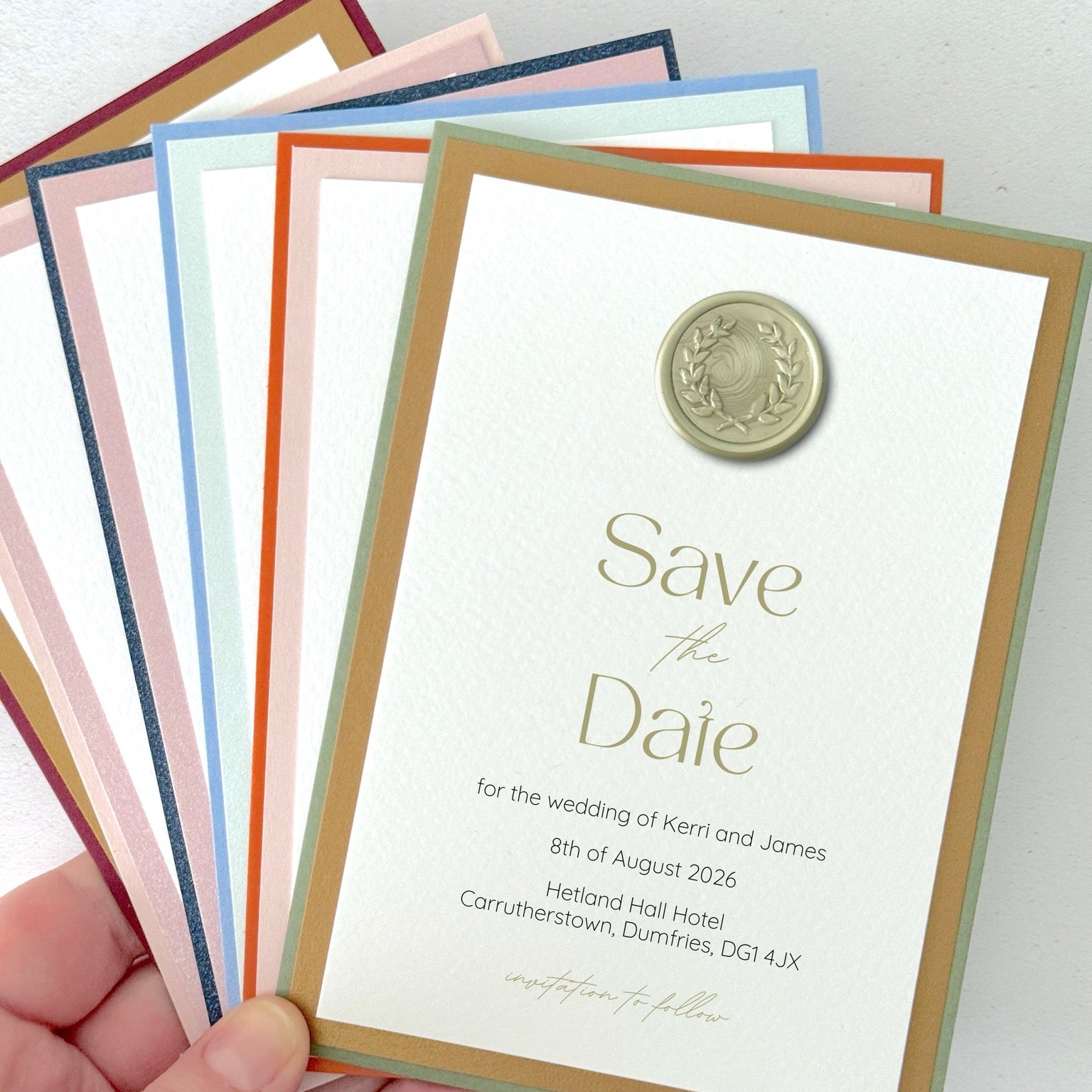 Sage green wax seal lyn save the date card