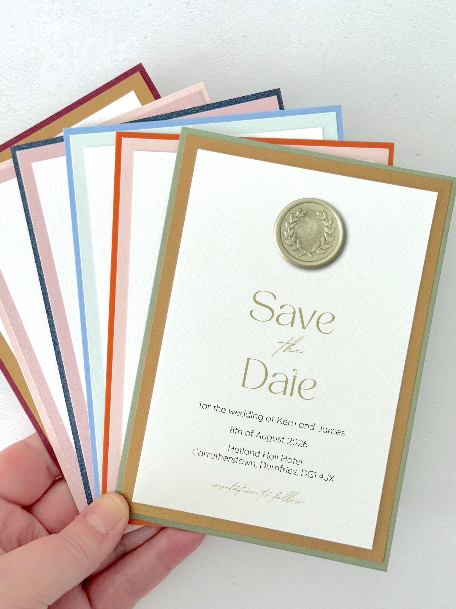 Sage green wax seal lyn save the date card