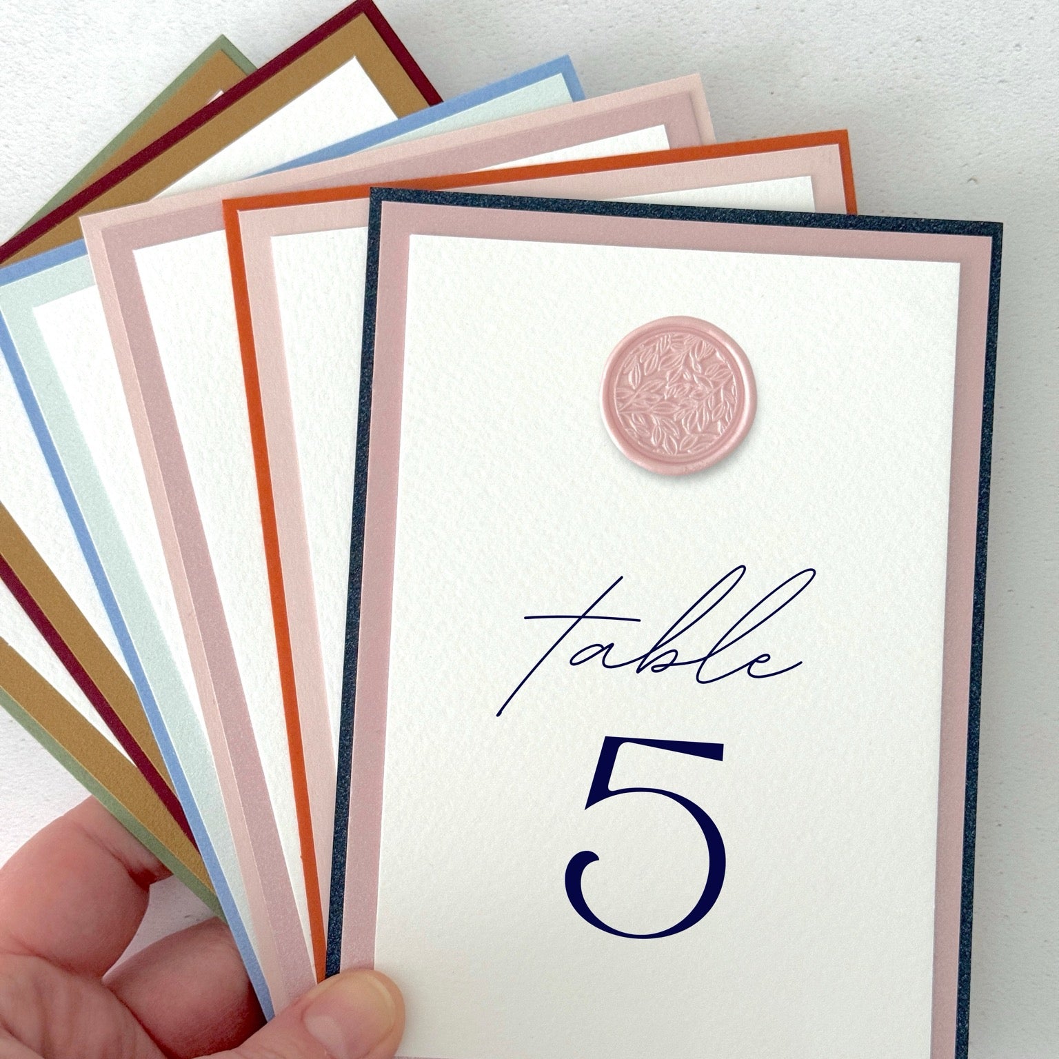 Handmade wax seal table names & numbers wedding day stationery