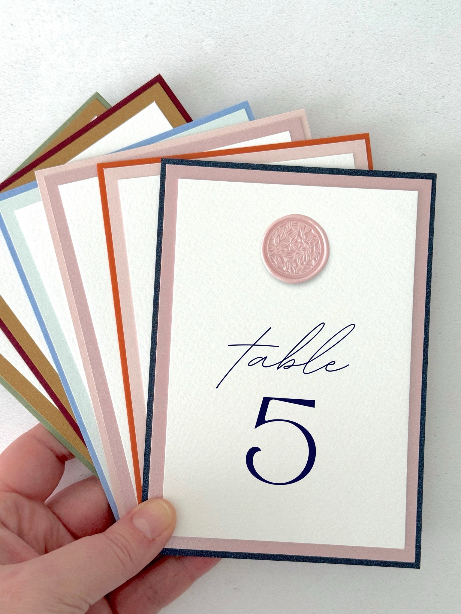 Handmade wax seal table names & numbers wedding day stationery
