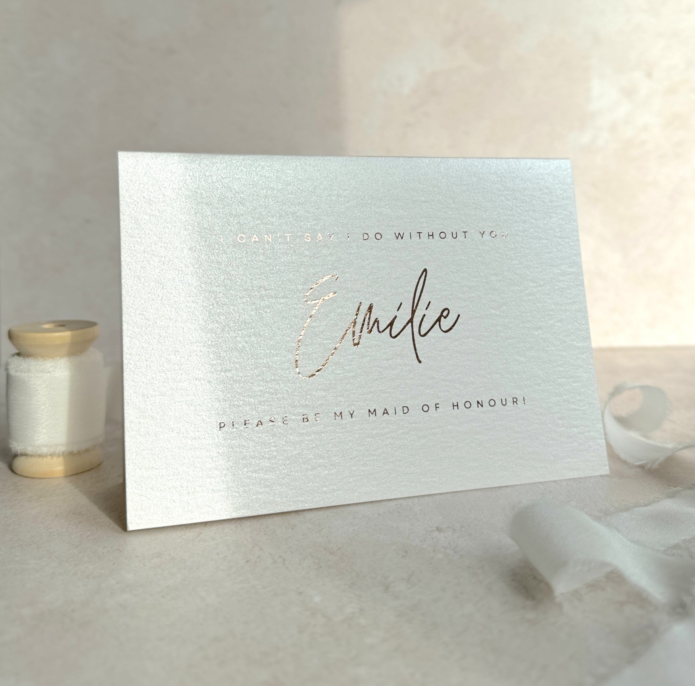 personalised maid of honour card in cream and rose gold foil