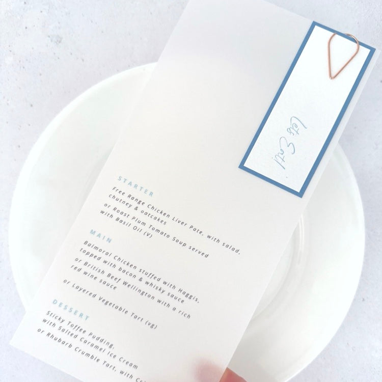Dusky blue vellum see through wedding menu