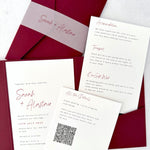Sarah burgundy pocketfold wedding invite with 2 insert cards for menu and guest details, and QR code, with vellum belly band, handmade by zara scotland