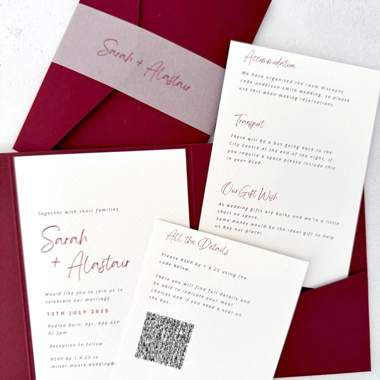 Sarah burgundy pocketfold wedding invite with 2 insert cards for menu and guest details, and QR code, with vellum belly band, handmade by zara scotland